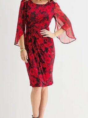 Connected Apparel Red & Black Floral Sheath Dress with Flutter Sleeves